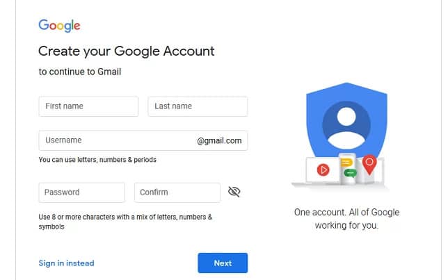 Điền thông tin First Name và Last Name khi đăng ký tài khoản Gmail